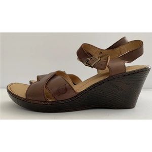 Born sandal size 8M handcrafted brown leather strappy wedge 3” heel